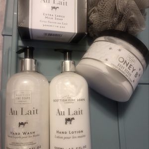 Scottish Fine Soaps Au Lait 3pc Bath Body Care Bundle + Bonus Pouf & Oil